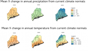 Maps of projected relative changes in mean annual precipitation and temperature